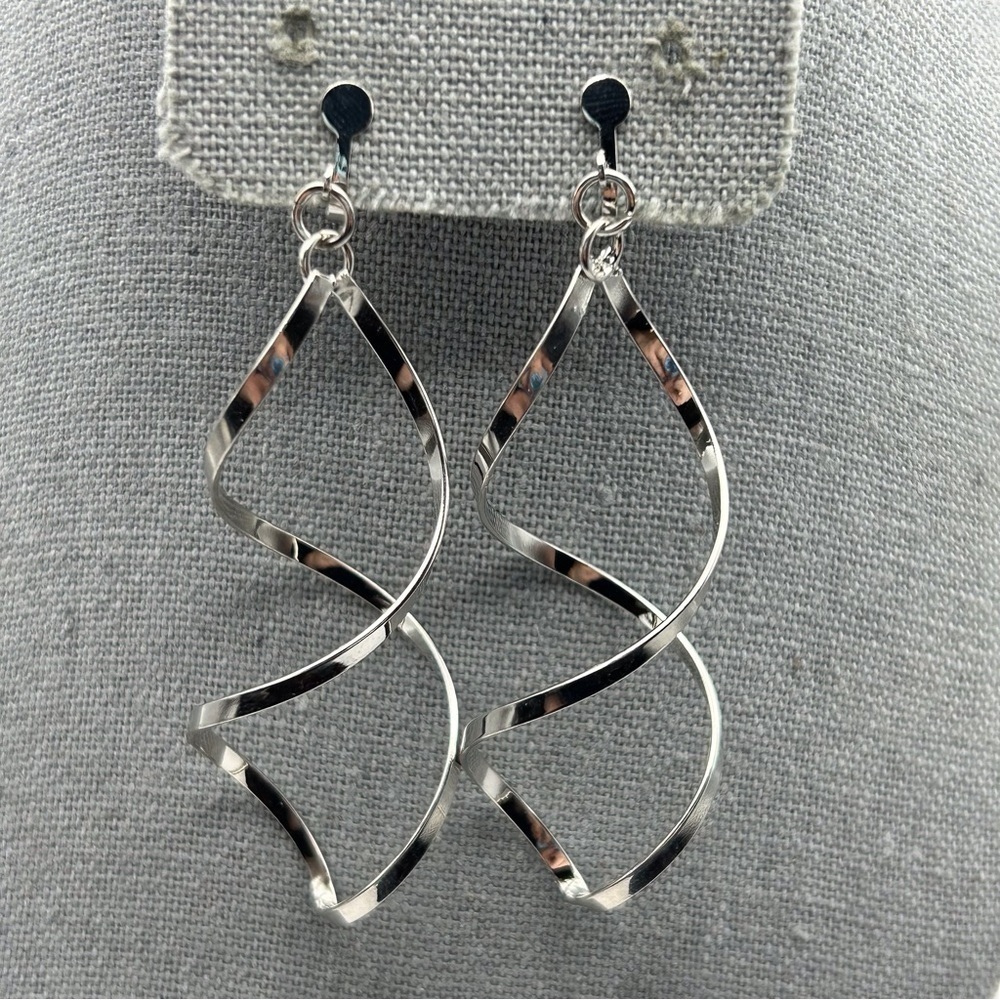 Long Silver Tone Large Infinity Hoop Clip On Earrings